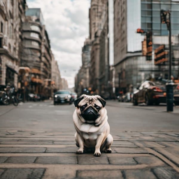 Pug on City Street.