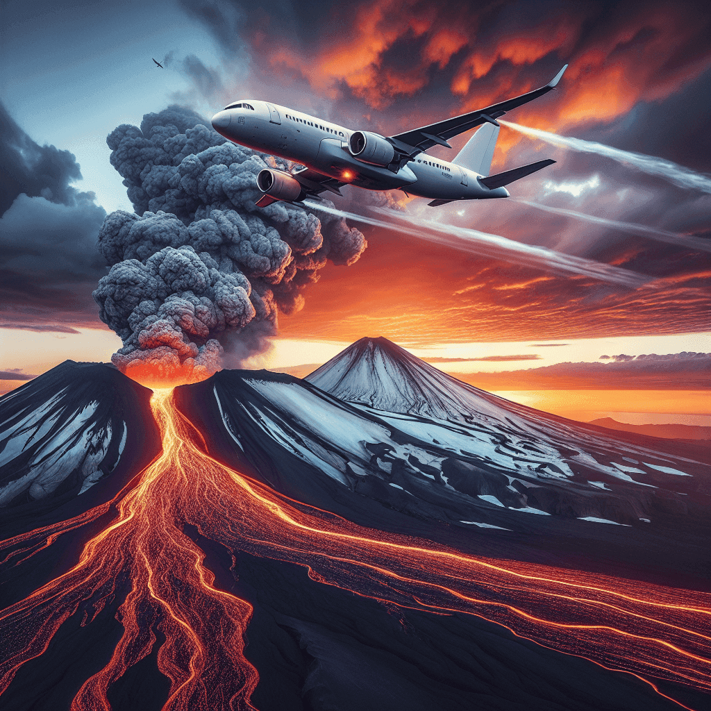 A plane flying near a volcano.